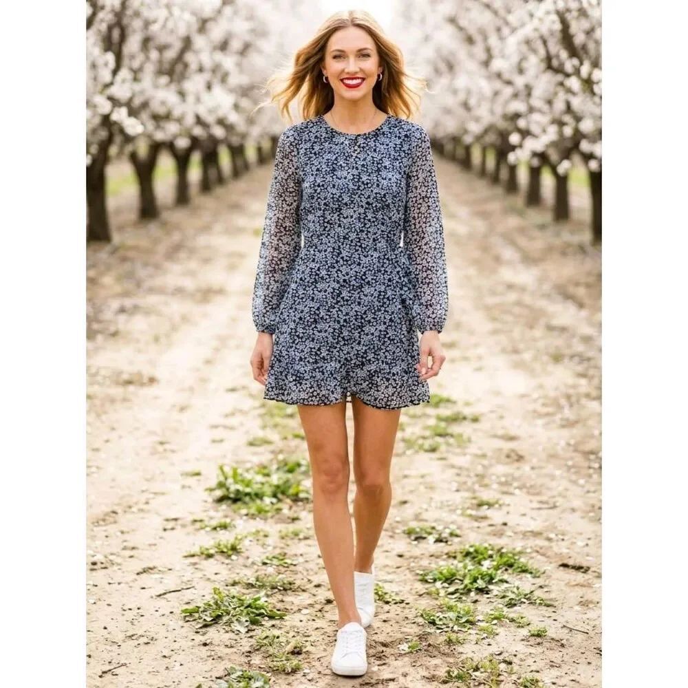 🔺️Abercrombie & Fitch Blue Ditsy Floral Print Long Sleeve Dress XLarge